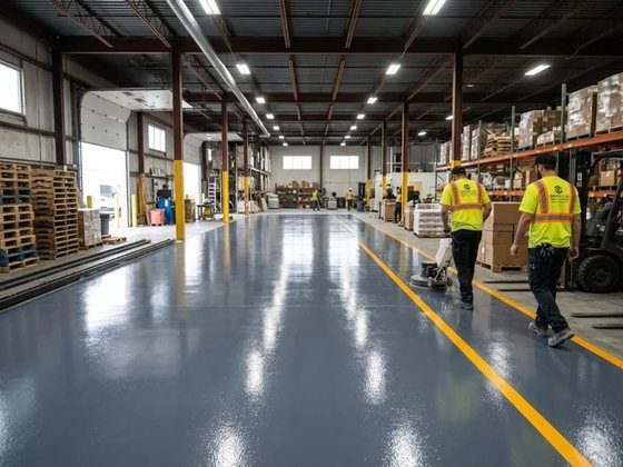 Finished glossy epoxy floor in a commercial warehouse