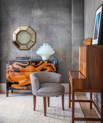 Textured feature wall with walnut accents