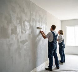 Two Hitech technicians applying wall texture together